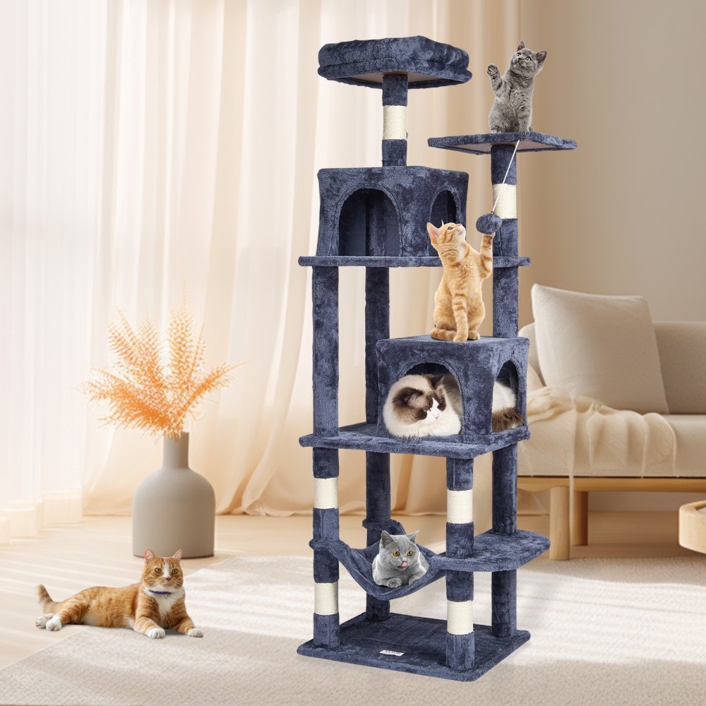 VEVOR Cat Tree for Indoor Cats, 63" Cat Tower with 2 Cat Condos, Sisal Scratching Post, Hammock, Top Perch, Jumping Platforms, Large Cat Furniture Activity Center with Hang Ball, Dark Grey