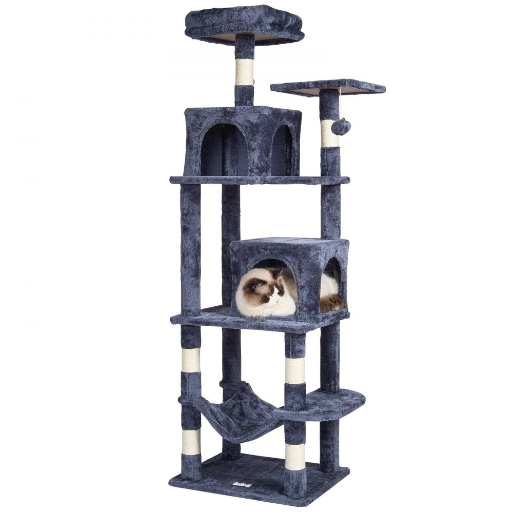 VEVOR Cat Tree for Indoor Cats, 63" Cat Tower with 2 Cat Condos, Sisal Scratching Post, Hammock, Top Perch, Jumping Platforms, Large Cat Furniture Activity Center with Hang Ball, Dark Grey