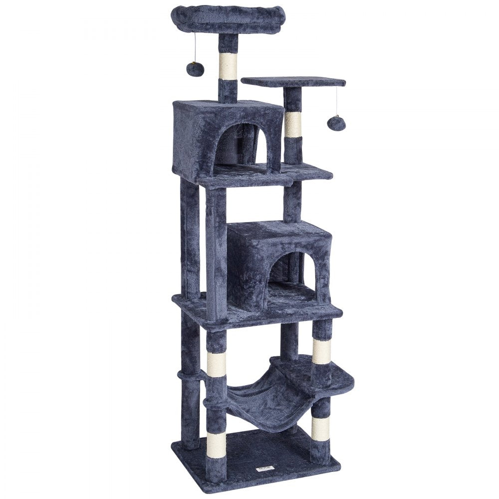 VEVOR Cat Tree for Indoor Cats, 63" Cat Tower with 2 Cat Condos, Sisal Scratching Post, Hammock, Top Perch, Jumping Platforms, Large Cat Furniture Activity Center with Hang Ball, Dark Grey