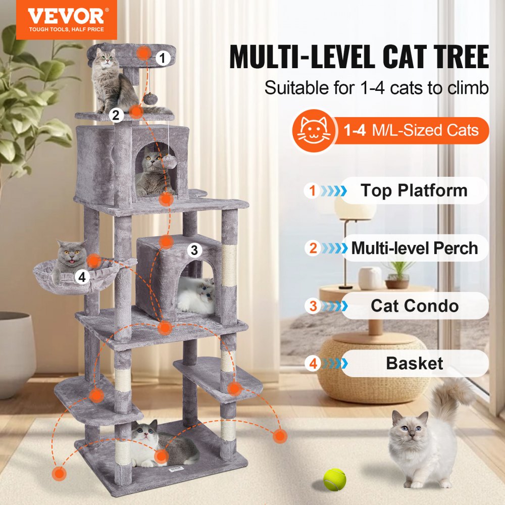 VEVOR Cat Tree for Indoor Cats, 68.5" Cat Tower with 2 Cat Condos, Sisal Scratching Post, Hammock, Top Perch, Jumping Platforms, Large Cat Furniture Activity Center with Hang Ball, Light Grey