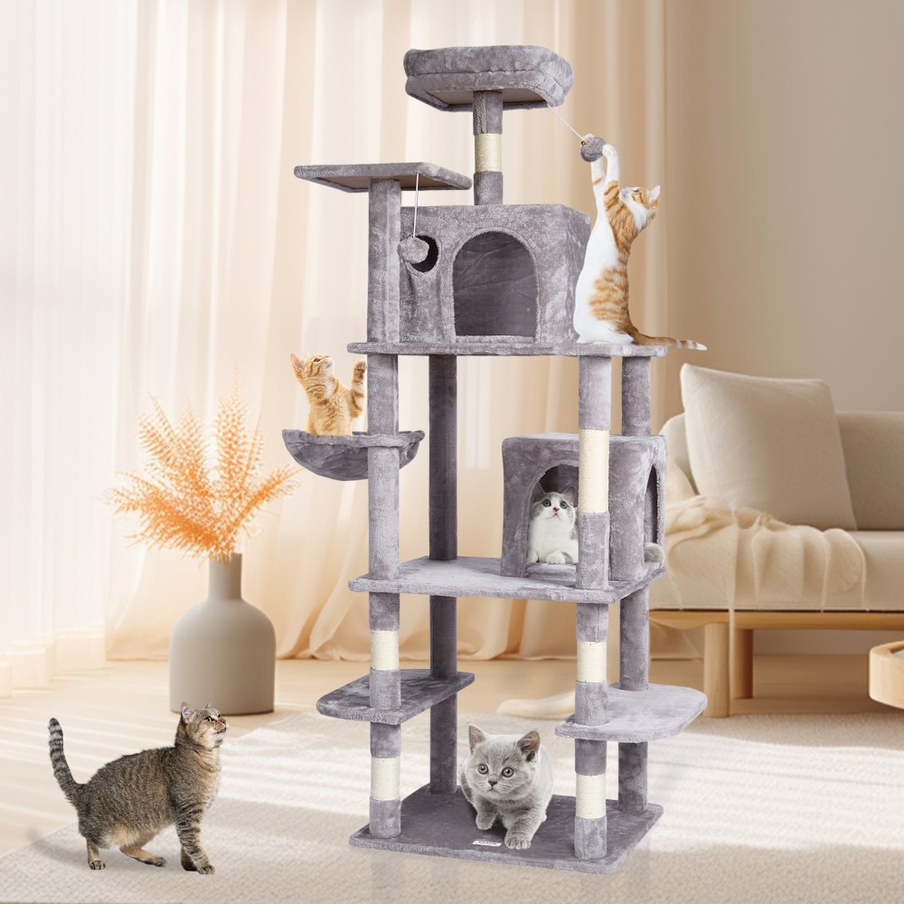 VEVOR Cat Tree for Indoor Cats, 68.5" Cat Tower with 2 Cat Condos, Sisal Scratching Post, Hammock, Top Perch, Jumping Platforms, Large Cat Furniture Activity Center with Hang Ball, Light Grey