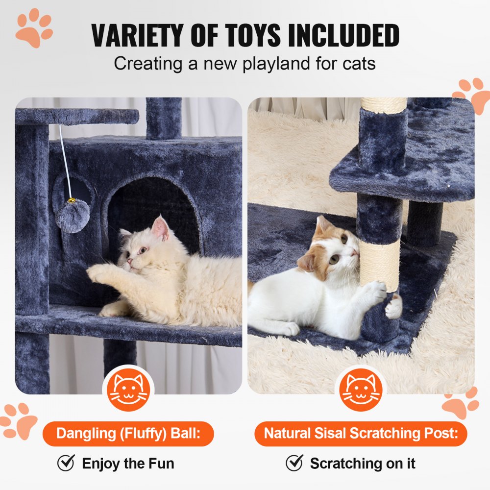 VEVOR Cat Tree for Indoor Cats, 68.5" Cat Tower with 2 Cat Condos, Sisal Scratching Post, Hammock, Top Perch, Jumping Platforms, Large Cat Furniture Activity Center with Hang Ball, Dark Grey
