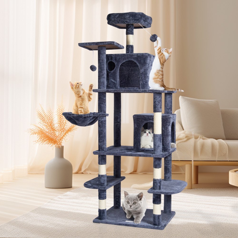 VEVOR Cat Tree for Indoor Cats, 68.5" Cat Tower with 2 Cat Condos, Sisal Scratching Post, Hammock, Top Perch, Jumping Platforms, Large Cat Furniture Activity Center with Hang Ball, Dark Grey