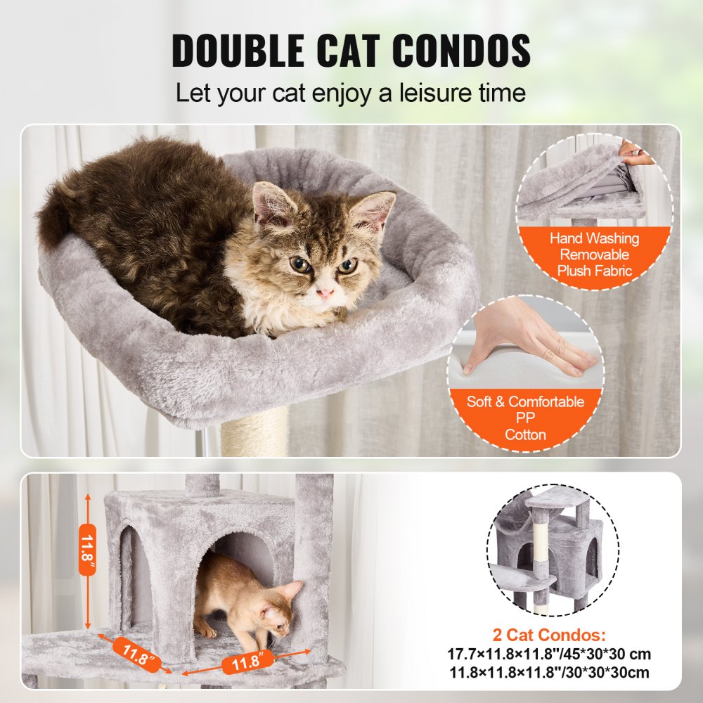 VEVOR Cat Tree for Indoor Cats, 72" Cat Tower with 2 Cat Condos, Sisal Scratching Post, Hammock, Top Perch, Jumping Platforms, Large Cat Furniture Activity Center with Hang Ball, Light Grey