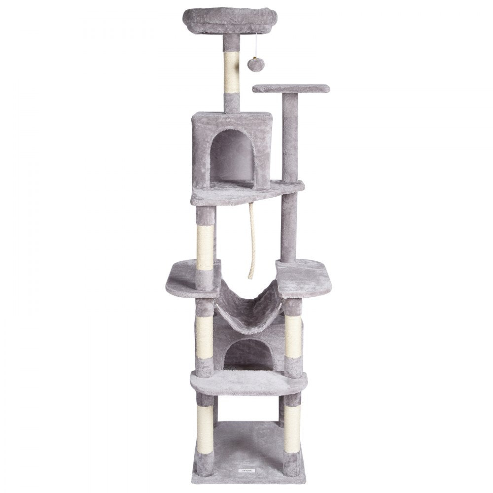 VEVOR Cat Tree for Indoor Cats, 72" Cat Tower with 2 Cat Condos, Sisal Scratching Post, Hammock, Top Perch, Jumping Platforms, Large Cat Furniture Activity Center with Hang Ball, Light Grey