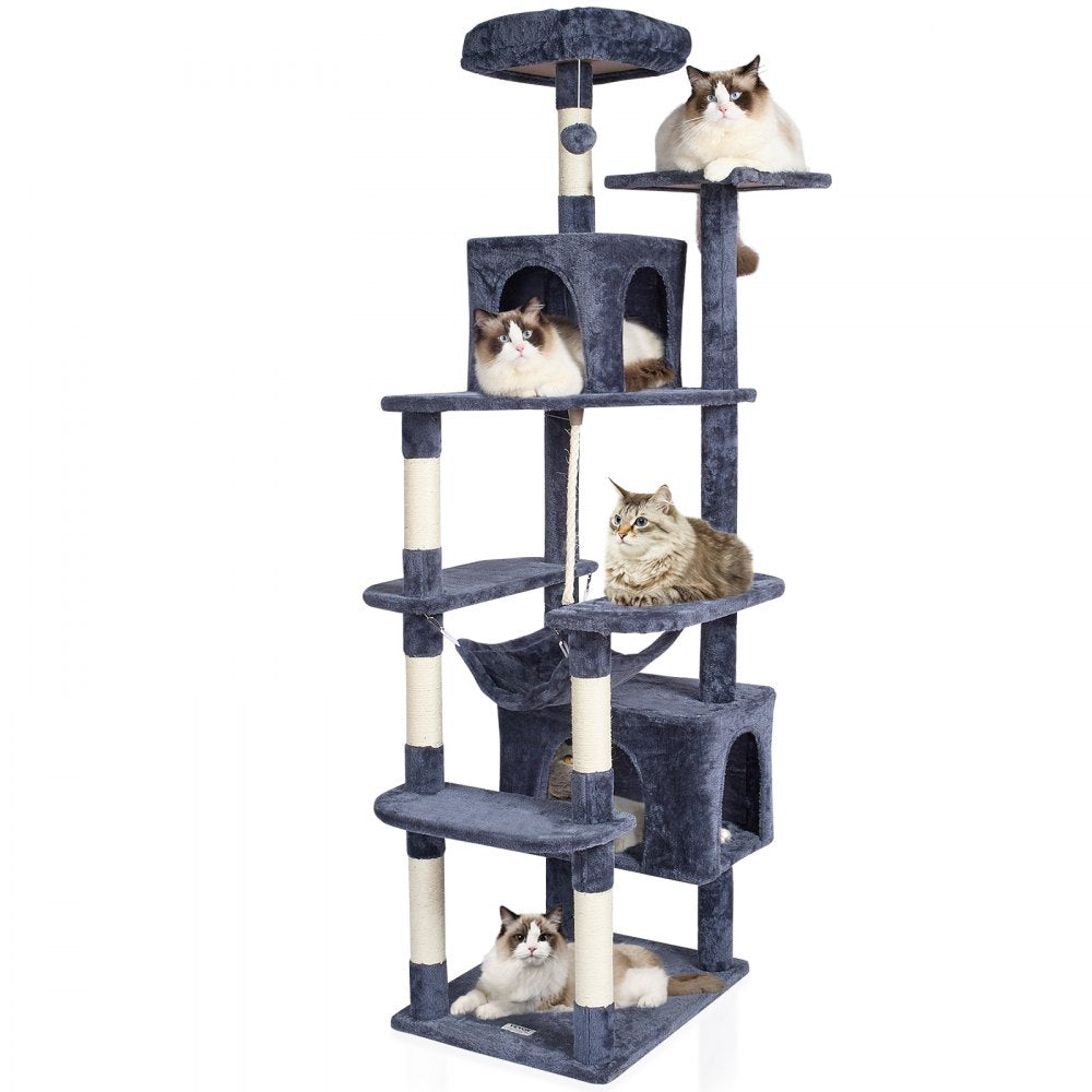 VEVOR Cat Tree for Indoor Cats, 72" Cat Tower with 2 Cat Condos, Sisal Scratching Post, Hammock, Top Perch, Jumping Platforms, Large Cat Furniture Activity Center with Hang Ball, Dark Grey