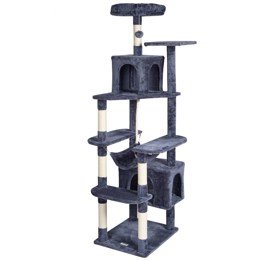 VEVOR Cat Tree for Indoor Cats, 72" Cat Tower with 2 Cat Condos, Sisal Scratching Post, Hammock, Top Perch, Jumping Platforms, Large Cat Furniture Activity Center with Hang Ball, Dark Grey