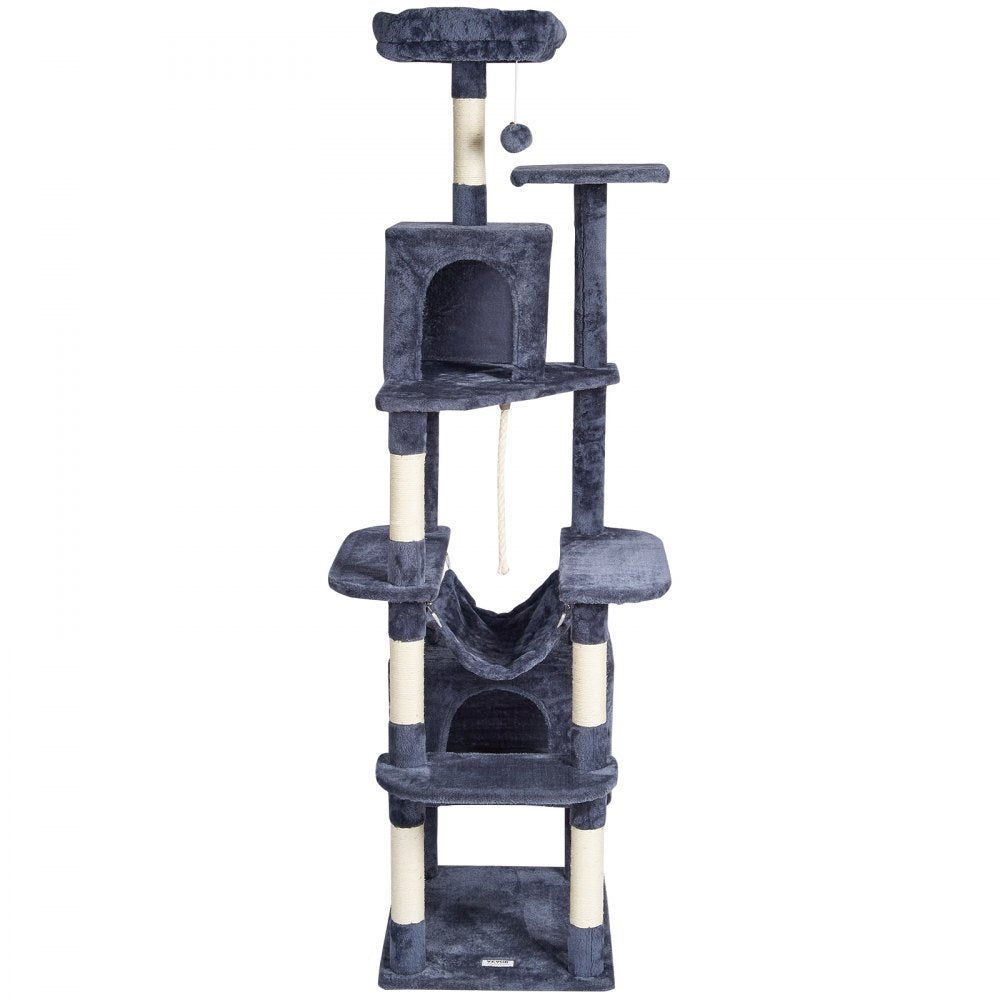 VEVOR Cat Tree for Indoor Cats, 72" Cat Tower with 2 Cat Condos, Sisal Scratching Post, Hammock, Top Perch, Jumping Platforms, Large Cat Furniture Activity Center with Hang Ball, Dark Grey