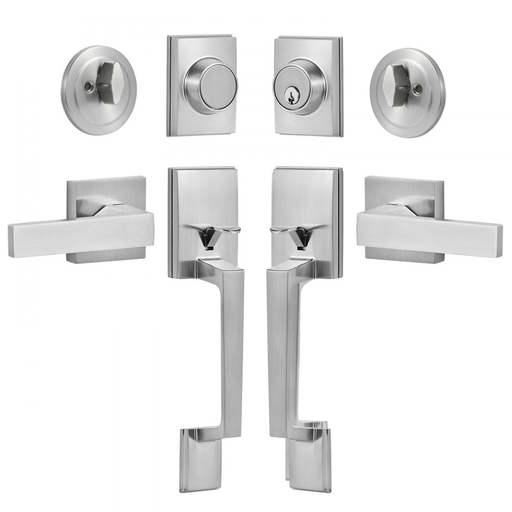 VEVOR Double Door Handle Set, Double Door Lock Set with Reversible Handle Lever, Satin Nickel Square Door Lever, Heavy Duty Double Front Door Handle Set with Dummy, for Front Door or Office Door