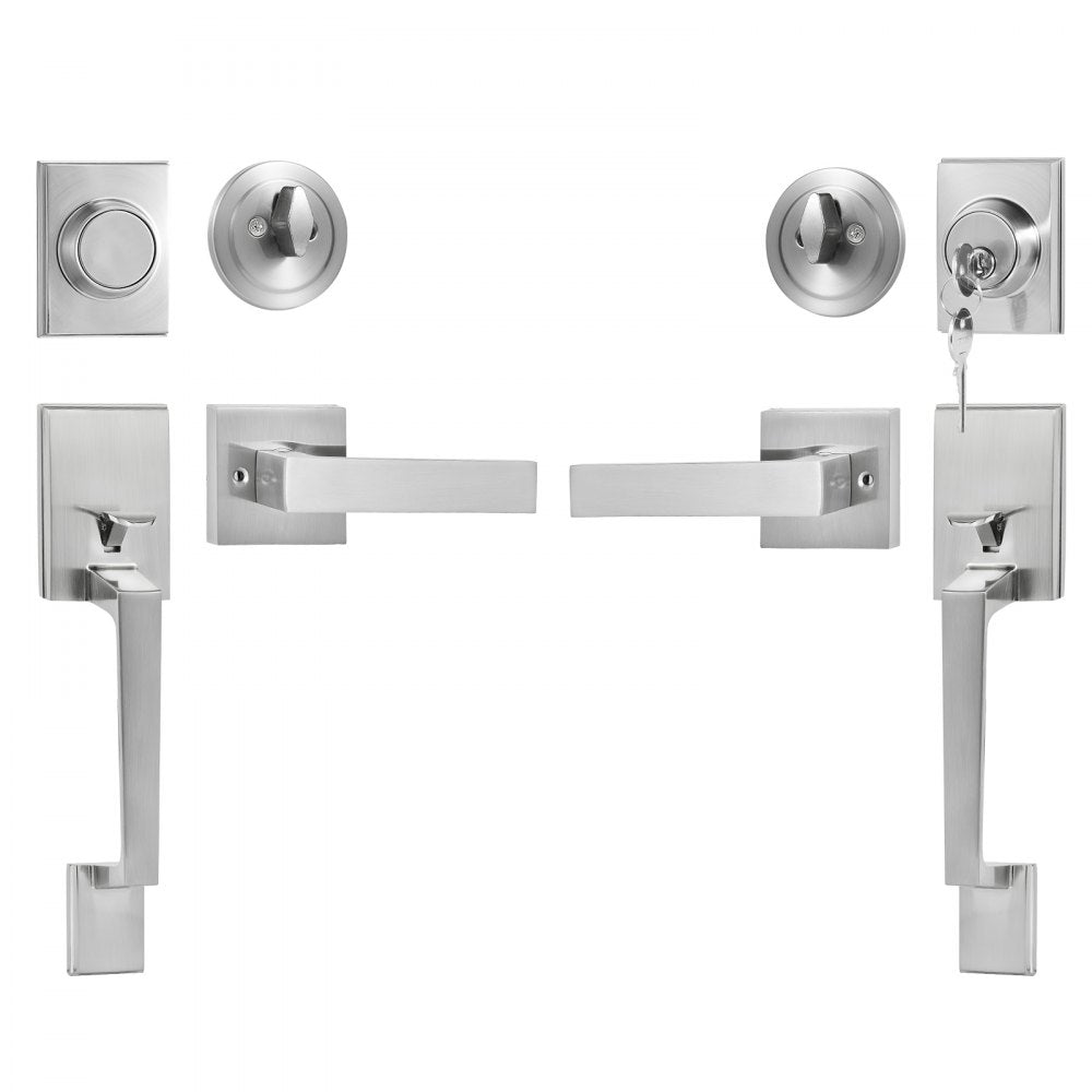 VEVOR Double Door Handle Set, Double Door Lock Set with Reversible Handle Lever, Satin Nickel Square Door Lever, Heavy Duty Double Front Door Handle Set with Dummy, for Front Door or Office Door