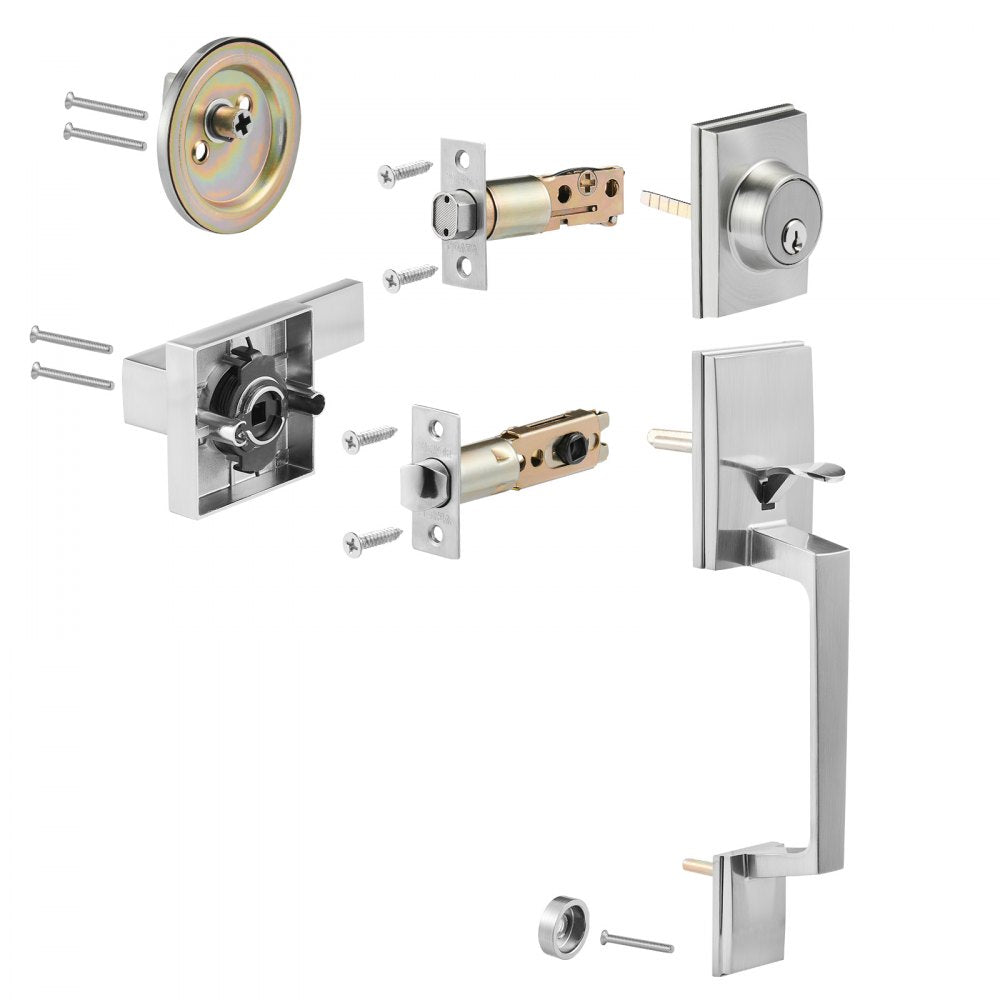 VEVOR Double Door Handle Set, Double Door Lock Set with Reversible Handle Lever, Satin Nickel Square Door Lever, Heavy Duty Double Front Door Handle Set with Dummy, for Front Door or Office Door