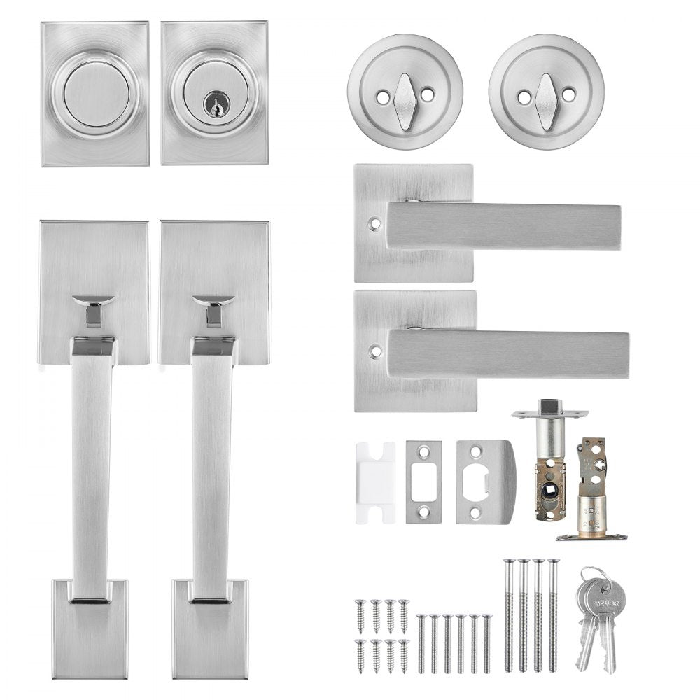 VEVOR Double Door Handle Set, Double Door Lock Set with Reversible Handle Lever, Satin Nickel Square Door Lever, Heavy Duty Double Front Door Handle Set with Dummy, for Front Door or Office Door