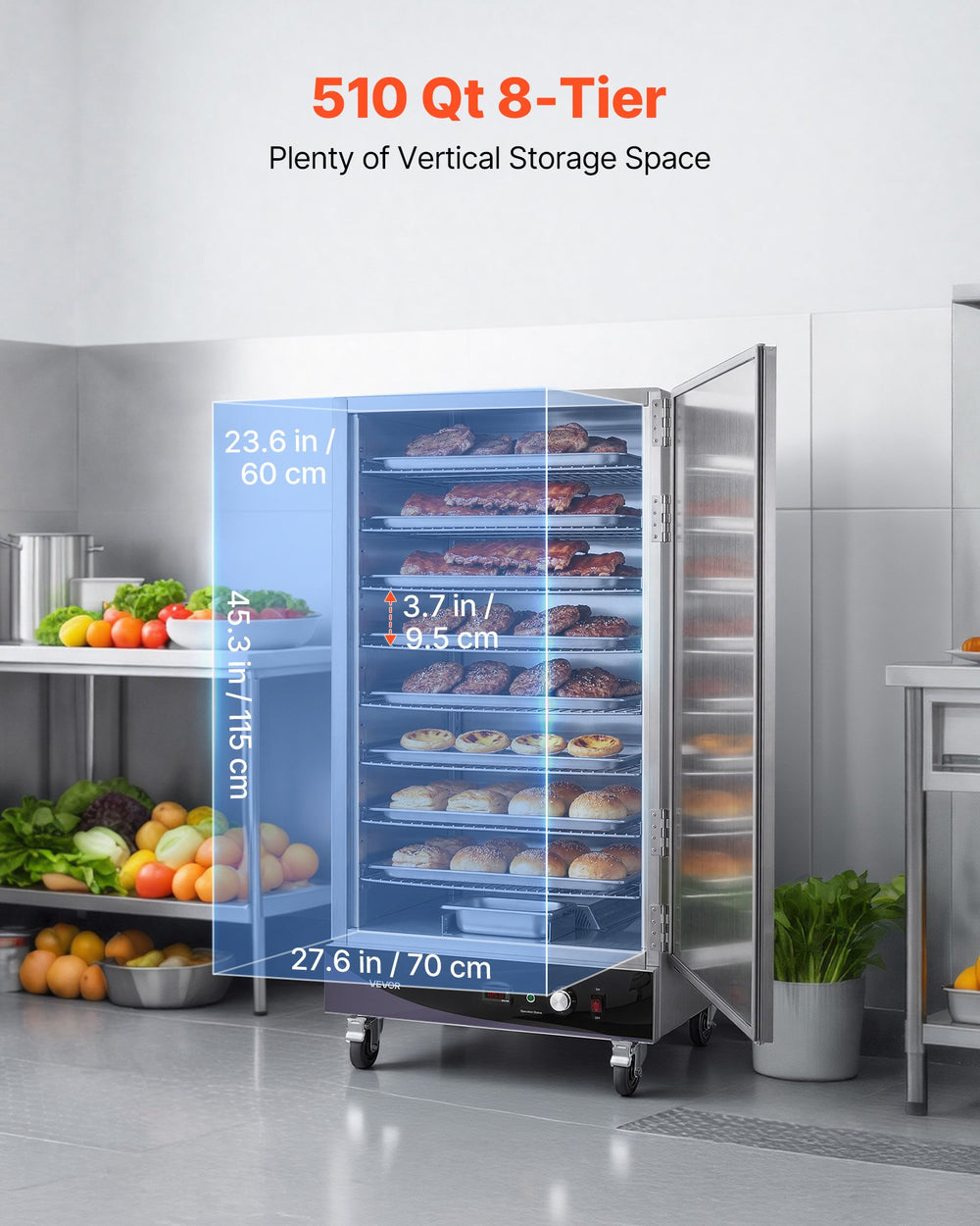 VEVOR Electric Hot Box Food Warmer, 8-Tier Commercial Warming Cabinet with Water Tray, Single-Door and Adjustable Shelves, Stainless Steel Food Warmer Cabinet, for Restaurant, Kitchen, Pizza, Chicken