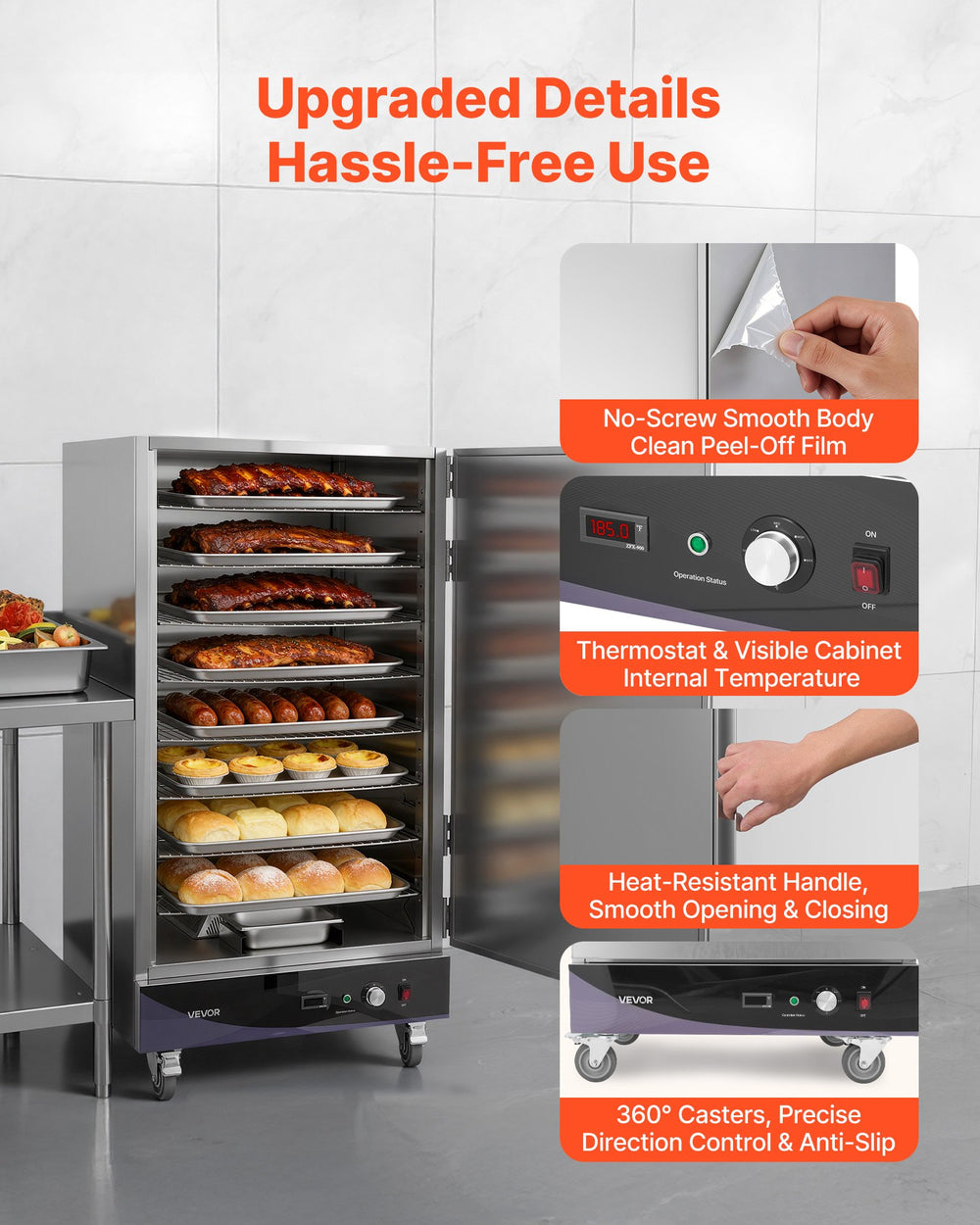 VEVOR Electric Hot Box Food Warmer, 8-Tier Commercial Warming Cabinet with Water Tray, Single-Door and Adjustable Shelves, Stainless Steel Food Warmer Cabinet, for Restaurant, Kitchen, Pizza, Chicken