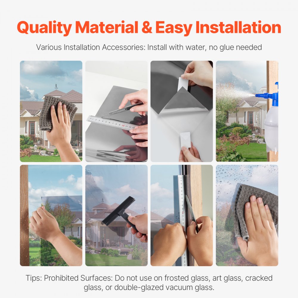 VEVOR Window Privacy Film, One Way Window Tint, Daytime Mirror Reflective Heat Control Glass, Static Cling Sun Blocking See out Not in Window Film for Home and Office, Black-Silver, 35.4 in x 13.1 ft