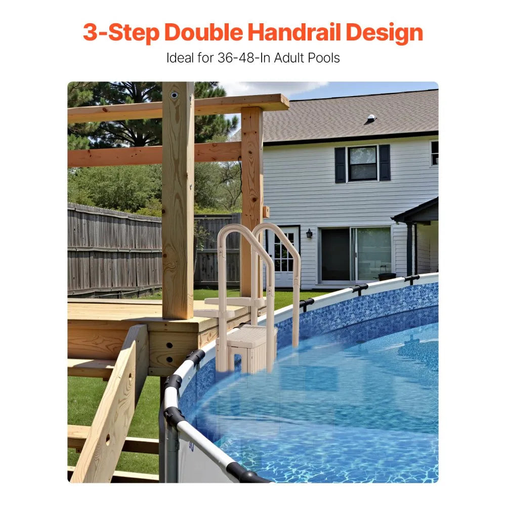 VEVOR Swimming Pool Ladder, 3-Step Double Handrails Stairs with Non-slip Heavy Duty Steps, Max Load Capacity 400 lbs, for 36-48 Inch Inground & Above-ground Pools of Any Decking Surface, Taupe