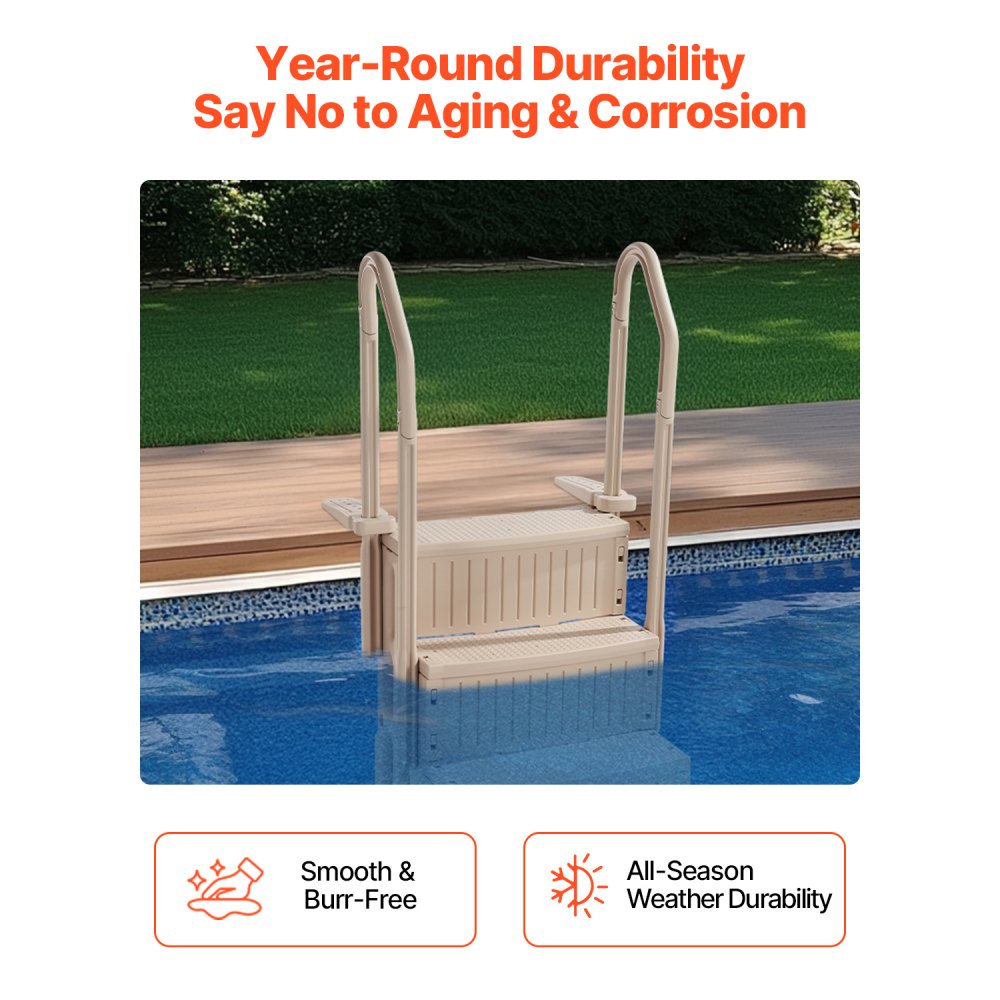 VEVOR Swimming Pool Ladder, 3-Step Double Handrails Stairs with Non-slip Heavy Duty Steps, Max Load Capacity 400 lbs, for 36-48 Inch Inground & Above-ground Pools of Any Decking Surface, Taupe