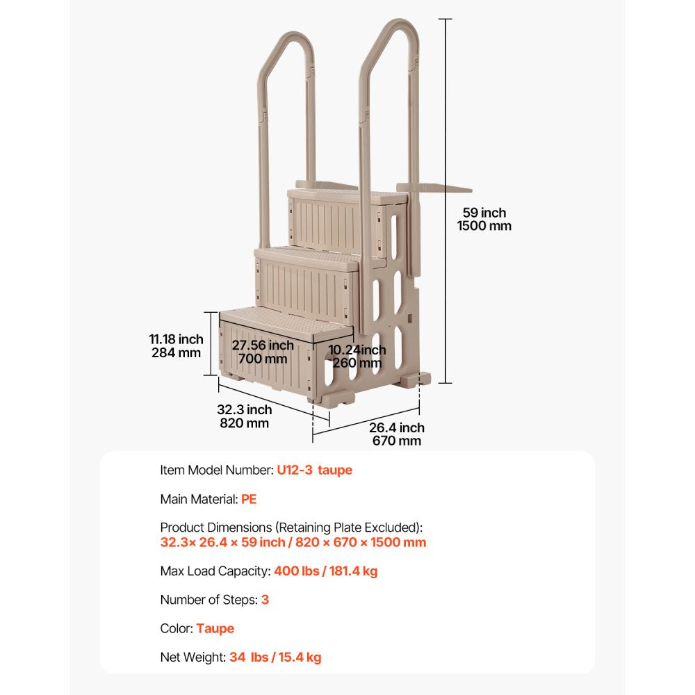 VEVOR Swimming Pool Ladder, 3-Step Double Handrails Stairs with Non-slip Heavy Duty Steps, Max Load Capacity 400 lbs, for 36-48 Inch Inground & Above-ground Pools of Any Decking Surface, Taupe