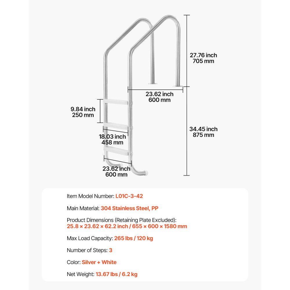 VEVOR Swimming Pool Ladder, 3-Step Double Handrails Stairs with Non-slip Heavy Duty Steps, Stainless Steel Load Capacity 265 lbs, for 48-54 In Inground Pools of Any Decking Surface Indoor & Outdoor