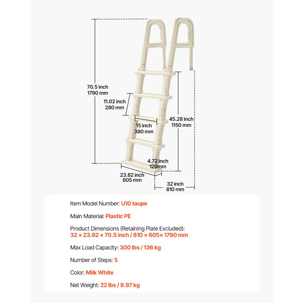 VEVOR Swimming Pool Ladder, 75°Inclined 5-Step Double Handrails Stair, Non-slip Heavy Duty Steps, Load Capacity 300 lb, for 48-54 In Inground & Above-ground Pools of Any Deck Surface Indoor & Outdoor