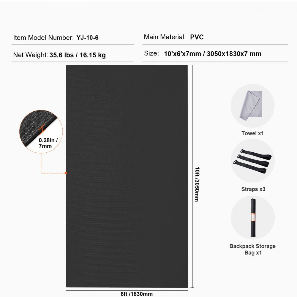 VEVOR Exercise Mat, Non Slip High Density Premium Yoga Mat, Exercise Yoga Mat for Men Women, Fitness & Exercise Mat with Bag & Carry Strap, for All Types of Home Yoga, Pilate & Floor Workout (10x6ft)