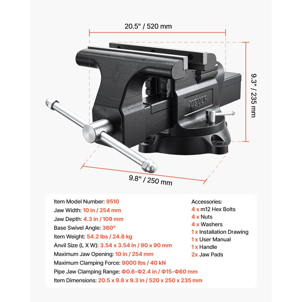 VEVOR Heavy Duty Bench Vise, 10" Jaw Width, Multi-Purpose Ductile Iron Bench Vise with Anvil and 360-Degree Locking Swivel Base, 4.3" Throat Depth, 10" Max Jaw Opening, for Drilling, Pipe Cutting