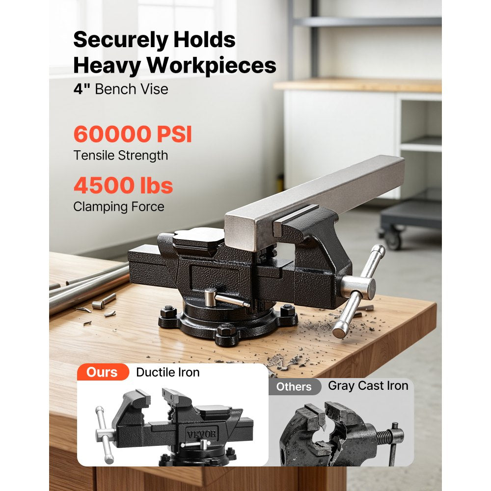 VEVOR Heavy Duty Bench Vise, 4" Jaw Width, Multi-Purpose Ductile Iron Bench Vise with Anvil and 360-Degree Locking Swivel Base, 2.24" Throat Depth, 4.7" Max Jaw Opening, for Drilling, Pipe Cutting