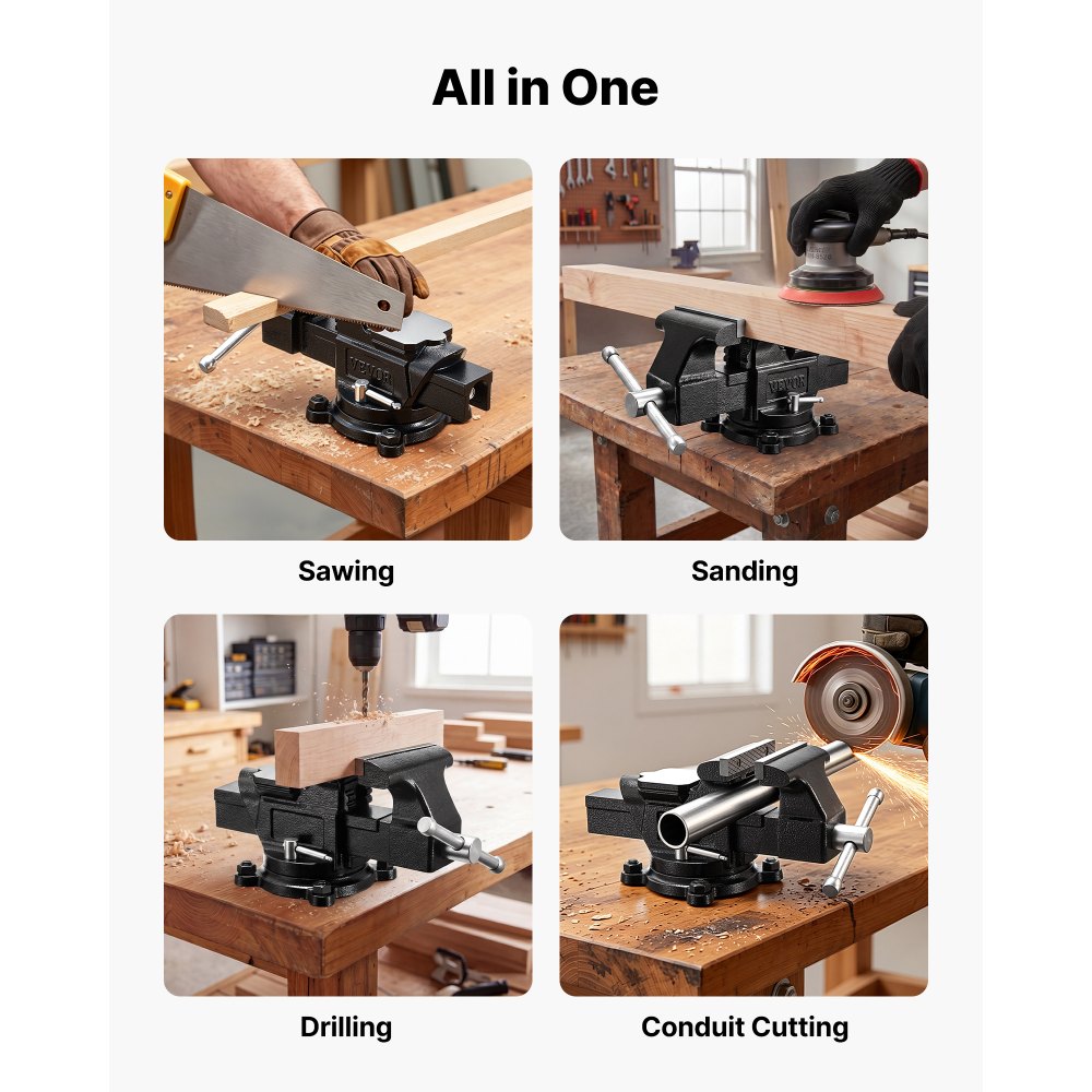 VEVOR Heavy Duty Bench Vise, 4" Jaw Width, Multi-Purpose Ductile Iron Bench Vise with Anvil and 360-Degree Locking Swivel Base, 2.24" Throat Depth, 4.7" Max Jaw Opening, for Drilling, Pipe Cutting