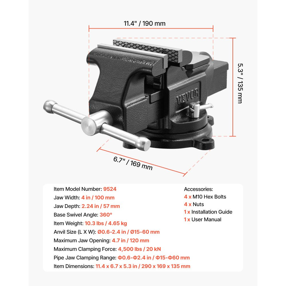 VEVOR Heavy Duty Bench Vise, 4" Jaw Width, Multi-Purpose Ductile Iron Bench Vise with Anvil and 360-Degree Locking Swivel Base, 2.24" Throat Depth, 4.7" Max Jaw Opening, for Drilling, Pipe Cutting