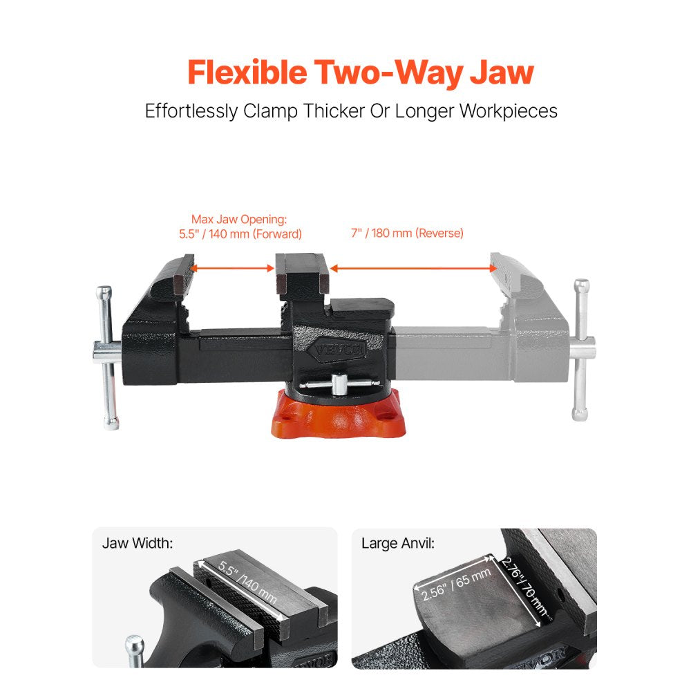 VEVOR Bench Vise, 5.5" Jaw Width, 5.5" Max Jaw Opening Multipurpose Vise with 360° Swivel Locking Base, 2.8" Throat Depth, Heavy Duty Ductile Iron Workbench Vise, Two-Way Jaws for Clamping Round Pipes