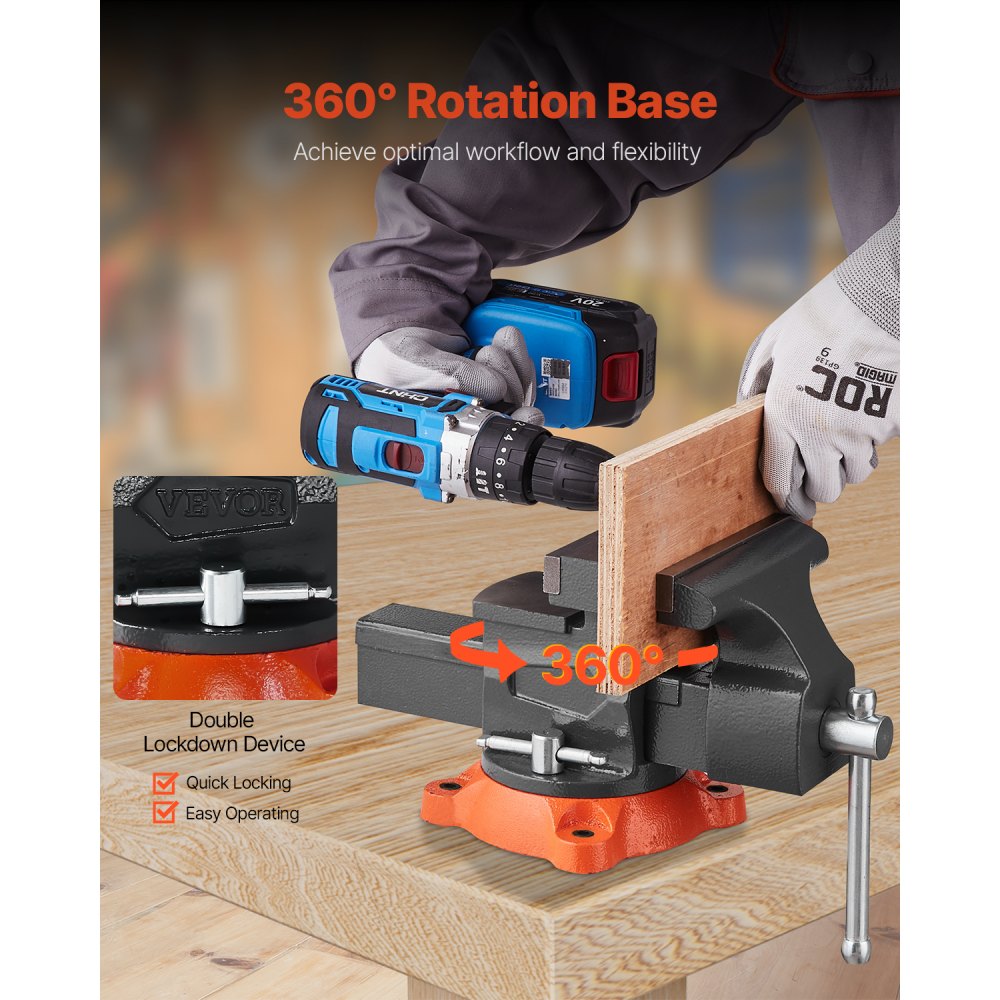 VEVOR Bench Vise, 5.5" Jaw Width, 5.5" Max Jaw Opening Multipurpose Vise with 360° Swivel Locking Base, 2.8" Throat Depth, Heavy Duty Ductile Iron Workbench Vise, Two-Way Jaws for Clamping Round Pipes