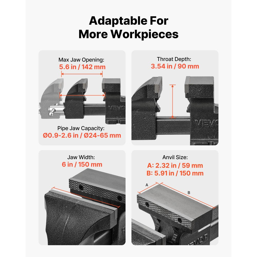 VEVOR Truck Hitch Vise, 6" Jaw Width, Heavy Duty Ductile Iron Bench Vise with Anvil, 1 Pair Magnetic Jaw Pads, Pin, 3.54" Throat Depth, 5.6" Max Jaw Opening, Multi-Purpose, for Truck Trailer Receiver