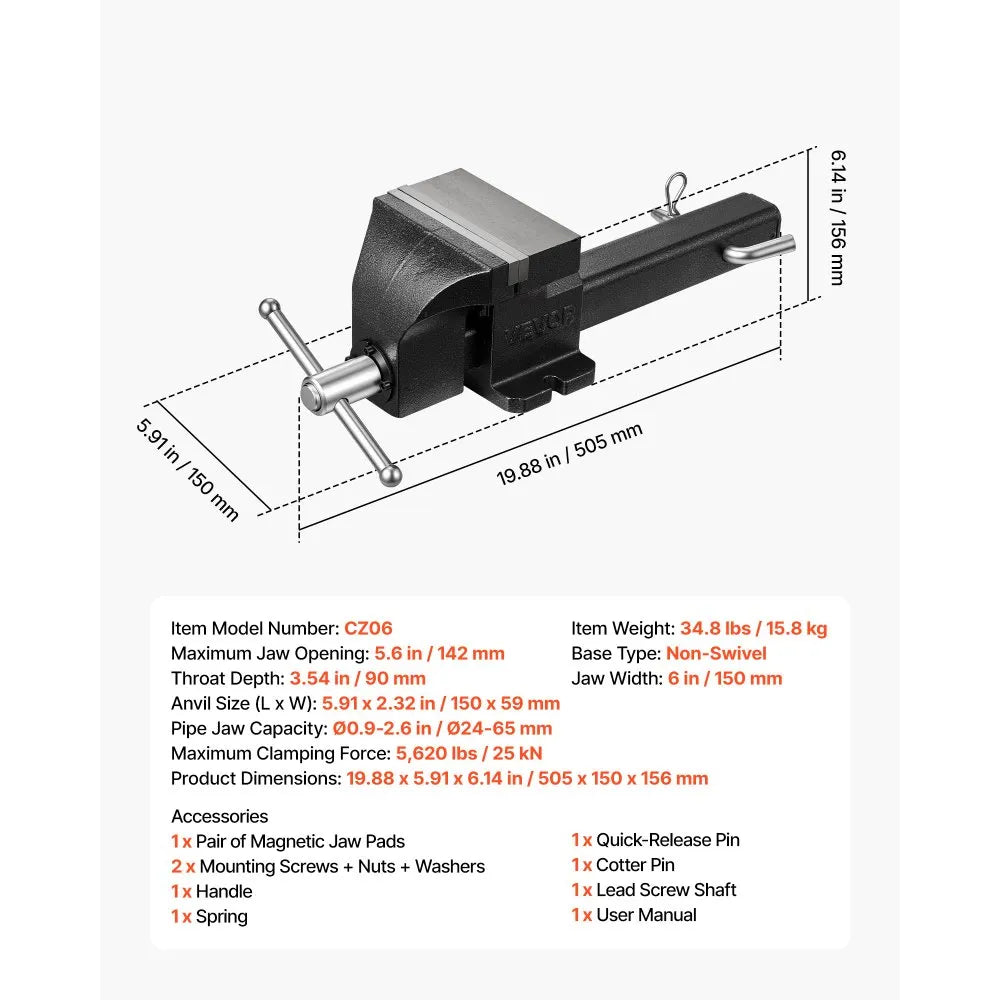 VEVOR Truck Hitch Vise, 6" Jaw Width, Heavy Duty Ductile Iron Bench Vise with Anvil, 1 Pair Magnetic Jaw Pads, Pin, 3.54" Throat Depth, 5.6" Max Jaw Opening, Multi-Purpose, for Truck Trailer Receiver
