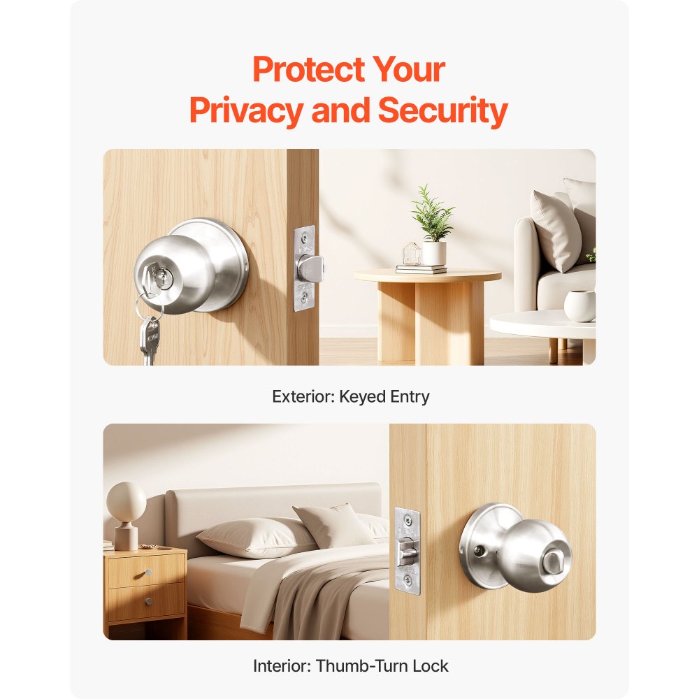 VEVOR Keyed Entry Door Knob, Satin Nickel Door Knob with Round Ball, Keyed Exterior & Thumb Turn Lock Interior, All Metal Doorknobs Hardware with Lock and Keys, Modern Design for Bedroom & Bathroom
