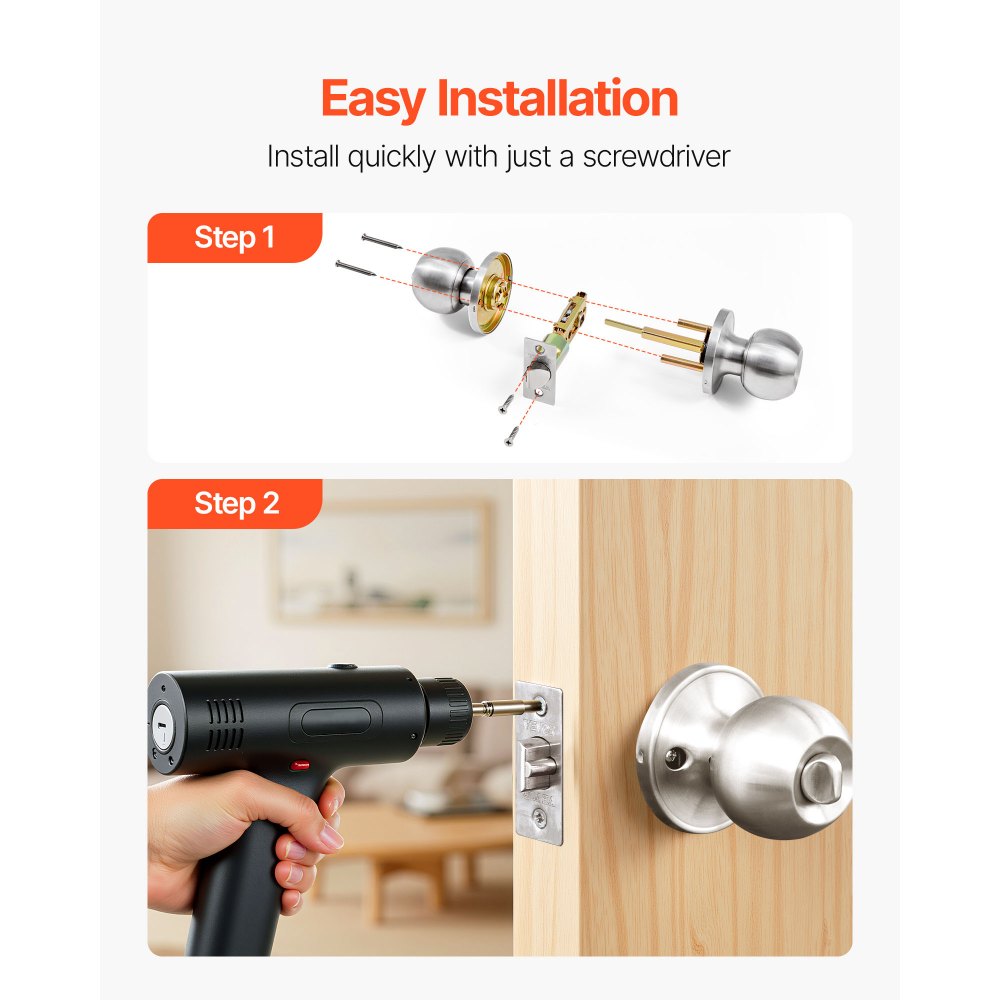 VEVOR Keyed Entry Door Knob, Satin Nickel Door Knob with Round Ball, Keyed Exterior & Thumb Turn Lock Interior, All Metal Doorknobs Hardware with Lock and Keys, Modern Design for Bedroom & Bathroom