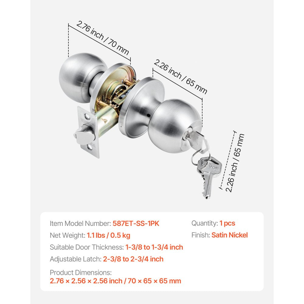 VEVOR Keyed Entry Door Knob, Satin Nickel Door Knob with Round Ball, Keyed Exterior & Thumb Turn Lock Interior, All Metal Doorknobs Hardware with Lock and Keys, Modern Design for Bedroom & Bathroom