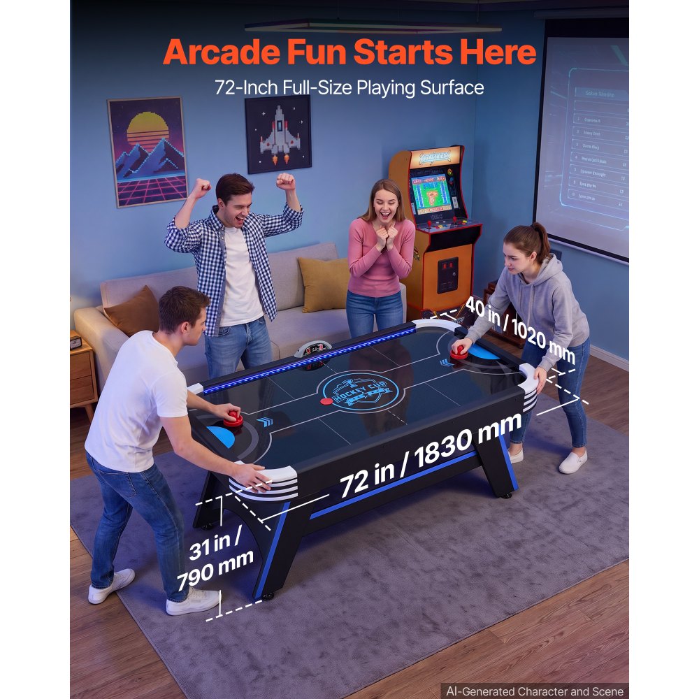 VEVOR 72" Air Hockey Table with LED Lights & Electronic Scorer, for Family Game Room, Basements and Home, Air Powered Hockey Arcade Game Table Set with High-powered Blower, Stable Leg