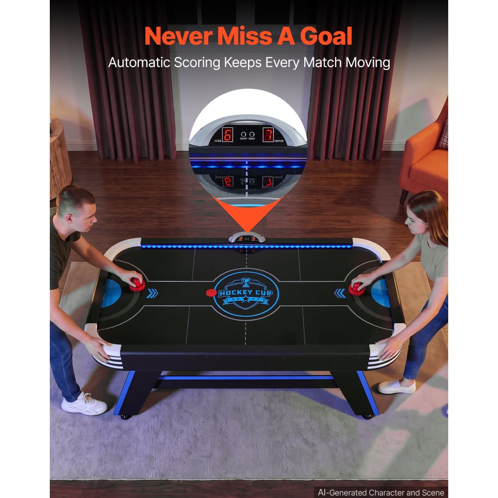 VEVOR 72" Air Hockey Table with LED Lights & Electronic Scorer, for Family Game Room, Basements and Home, Air Powered Hockey Arcade Game Table Set with High-powered Blower, Stable Leg