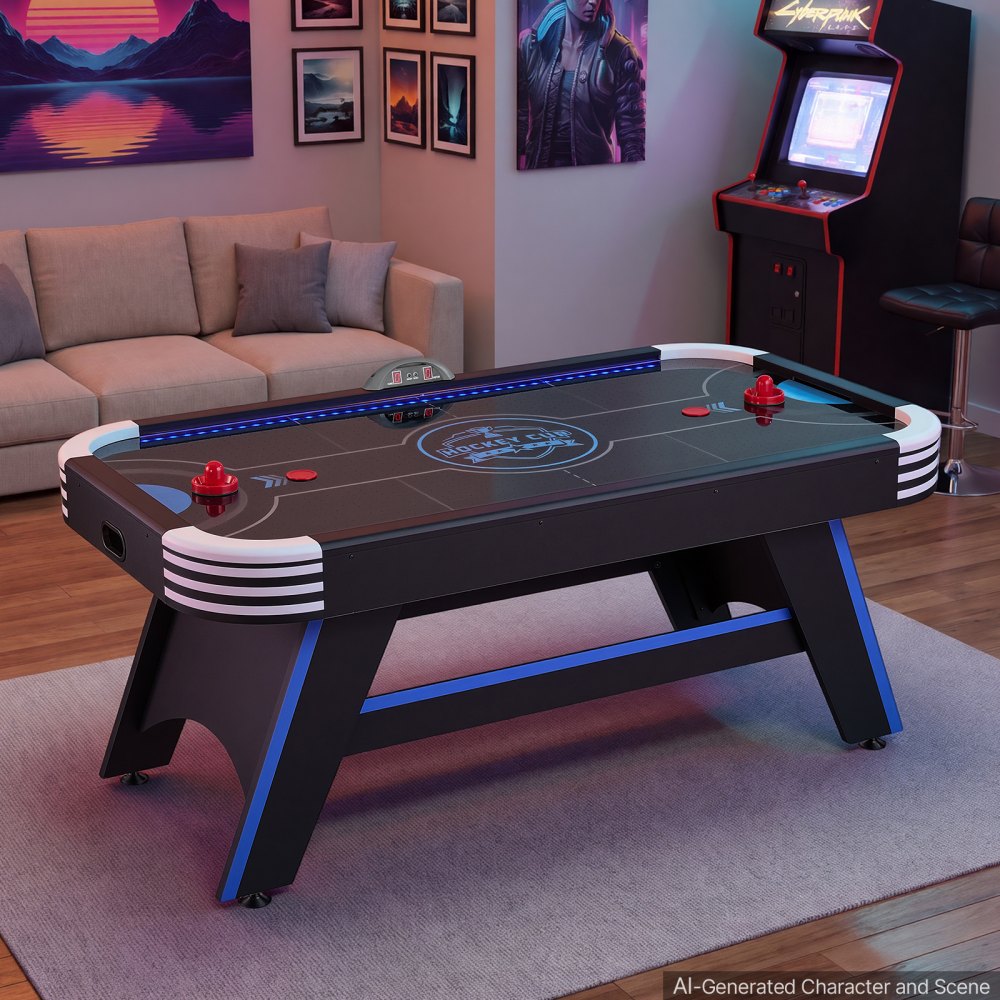 VEVOR 72" Air Hockey Table with LED Lights & Electronic Scorer, for Family Game Room, Basements and Home, Air Powered Hockey Arcade Game Table Set with High-powered Blower, Stable Leg