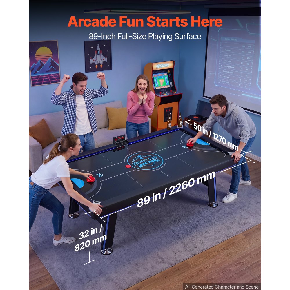 VEVOR 89" Air Hockey Table with LED Lights & Electronic Scorer, for Family Game Room, Basements, Home, Air Powered Hockey Arcade Game Table Set with High-powered Blower, Stable H-shaped Leg