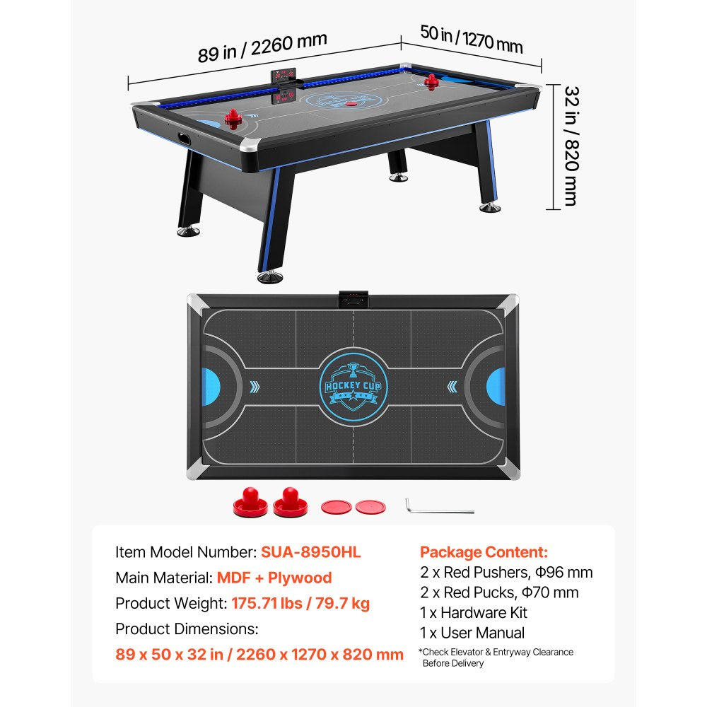 VEVOR 89" Air Hockey Table with LED Lights & Electronic Scorer, for Family Game Room, Basements, Home, Air Powered Hockey Arcade Game Table Set with High-powered Blower, Stable H-shaped Leg