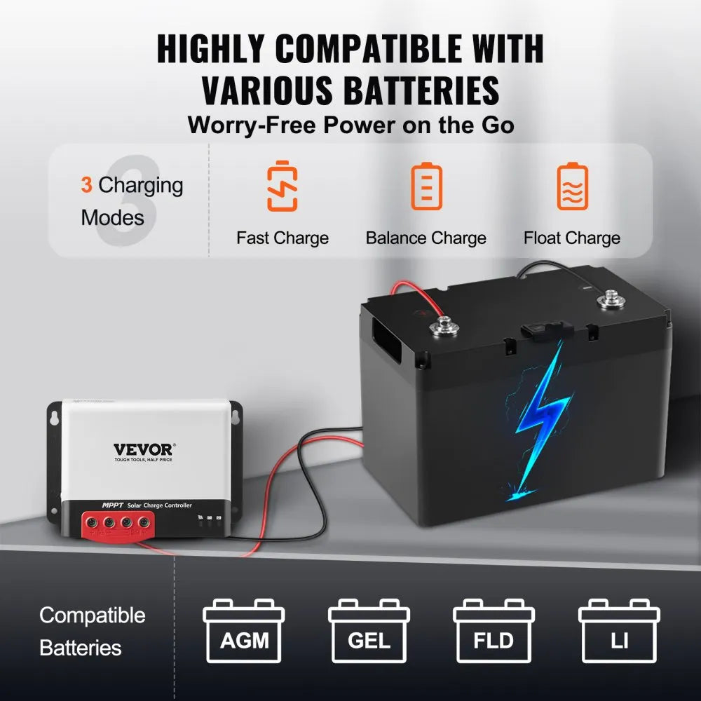 VEVOR 50A MPPT Solar Charge Controller, 12V / 24V Auto DC Input, Solar Panel Regulator Charger with Bluetooth Module, 98% Charging Efficiency for Sealed(AGM), Gel, Flooded and Lithium Battery Charging