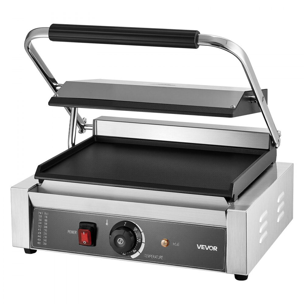 VEVOR Commercial Panini Grill, 1800W Electric Sandwich Panini Maker, Stainless Steel Sandwichs Press Grill with Handle and Temp Control, 13.5x9.3 in Full Flat Enamel Plate, for Hamburger Steak Bacon