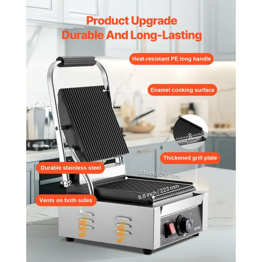 VEVOR Commercial Panini Grill, 1800W Electric Sandwich Panini Maker, Stainless Steel Sandwichs Press Grill with Handle and Temp Control, 8.8x9 in Full Grooved Enamel Plate for Hamburger Steak Bacon