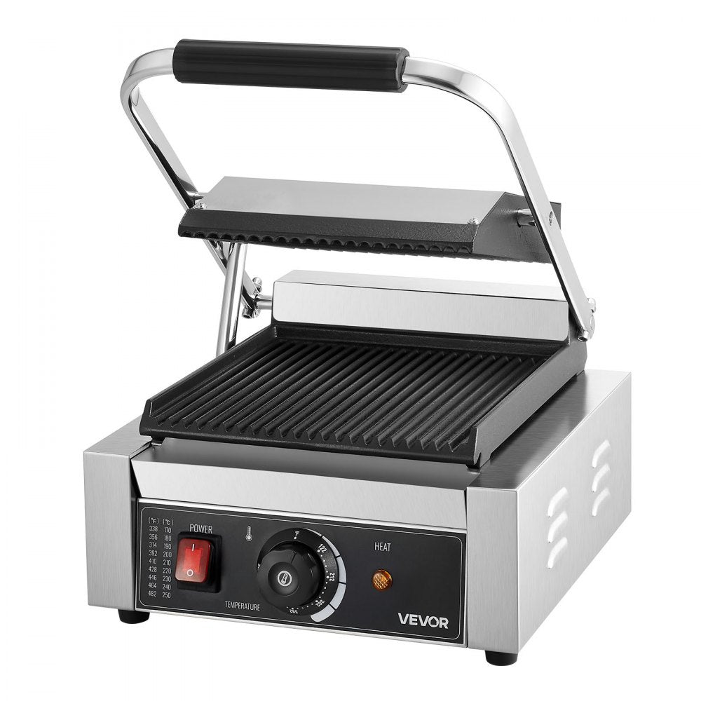 VEVOR Commercial Panini Grill, 1800W Electric Sandwich Panini Maker, Stainless Steel Sandwichs Press Grill with Handle and Temp Control, 8.8x9 in Full Grooved Enamel Plate for Hamburger Steak Bacon