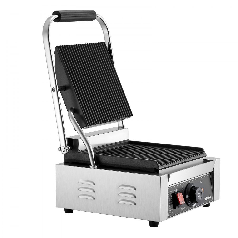 VEVOR Commercial Panini Grill, 1800W Electric Sandwich Panini Maker, Stainless Steel Sandwich Press Grill, Panini Grill with Temp Control & 9"x9" Full Grooved Enamel Plate for Hamburger Steak Bacon