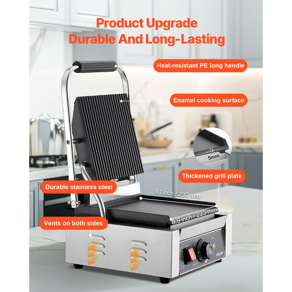VEVOR Commercial Panini Grill, 1800W Electric Sandwich Panini Maker, Stainless Steel Sandwichs Press Grill with Handle and Temp Control, 8.8x9 in Flat Enamel Plate, for Hamburger Steak Bacon