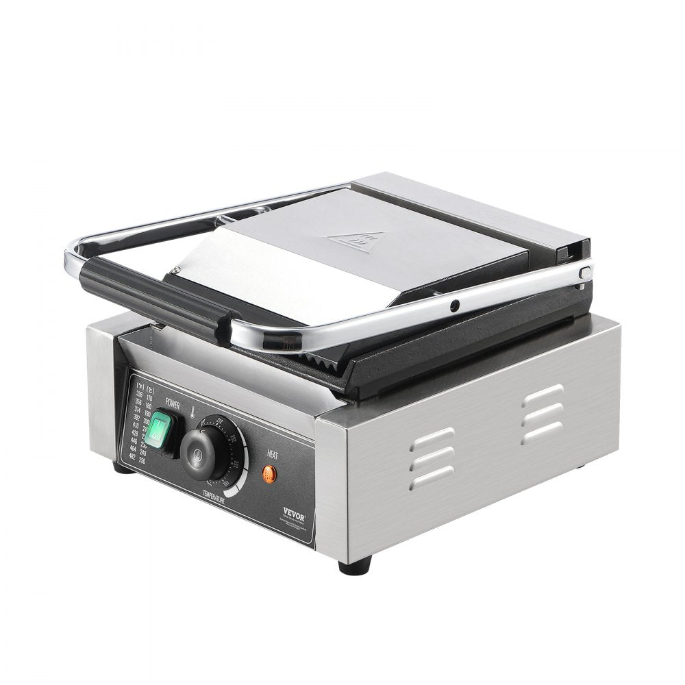 VEVOR Commercial Panini Grill, 1800W Electric Sandwich Panini Maker, Stainless Steel Sandwich Press Grill, Panini Grill with Temp Control & 9"x9" Flat Enamel Plate, for Hamburger Steak Bacon