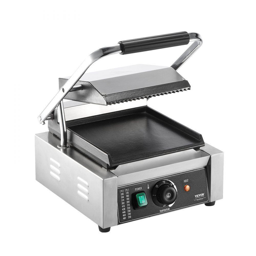 VEVOR Commercial Panini Grill, 1800W Electric Sandwich Panini Maker, Stainless Steel Sandwich Press Grill, Panini Grill with Temp Control & 9"x9" Flat Enamel Plate, for Hamburger Steak Bacon
