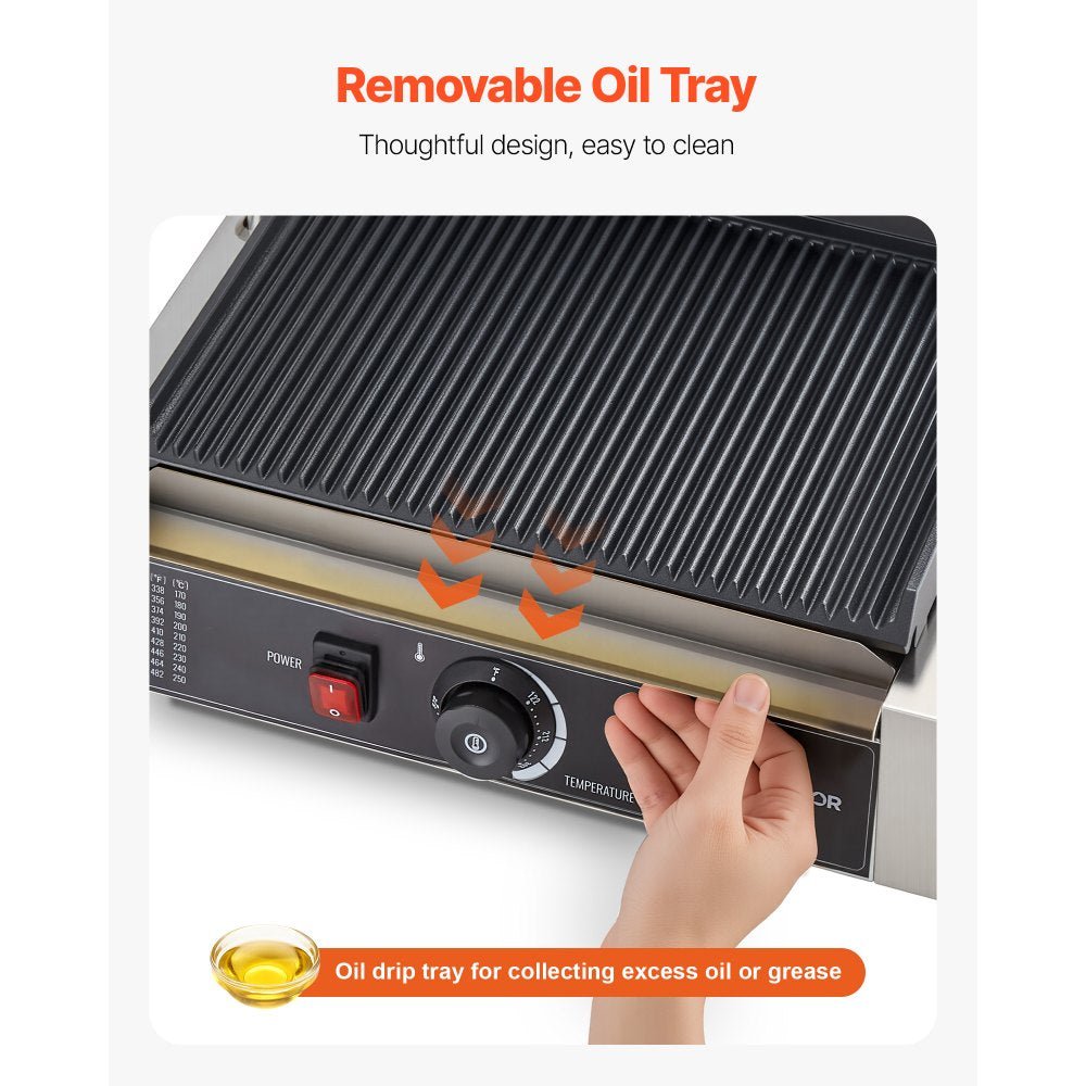 VEVOR Commercial Panini Grill, 1800W Electric Sandwich Panini Maker, Stainless Steel Sandwichs Press with Handle and Temp Control, 13.5x9.3 in Full Grooved Enamel Plate, for Hamburger Steak Bacon